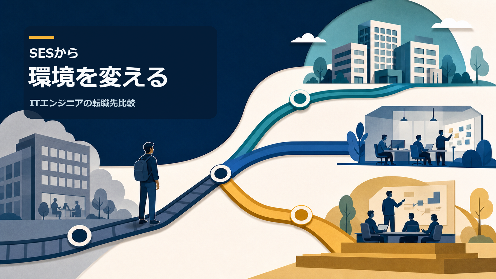 SESから環境を変えたいITエンジニアが複数の転職先を比較する分岐路のイラスト